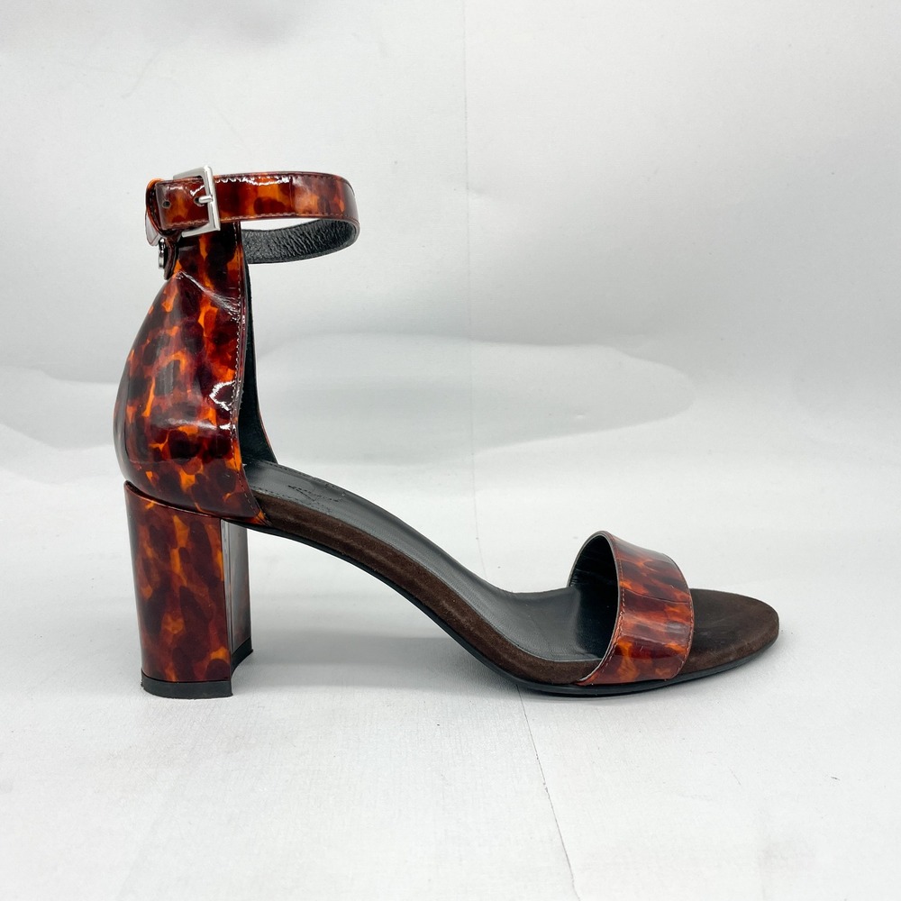 Aquatalia Womens 8.5 Sasha Sandals Tortoise Patent Leather Ankle Strap Heel Shoe